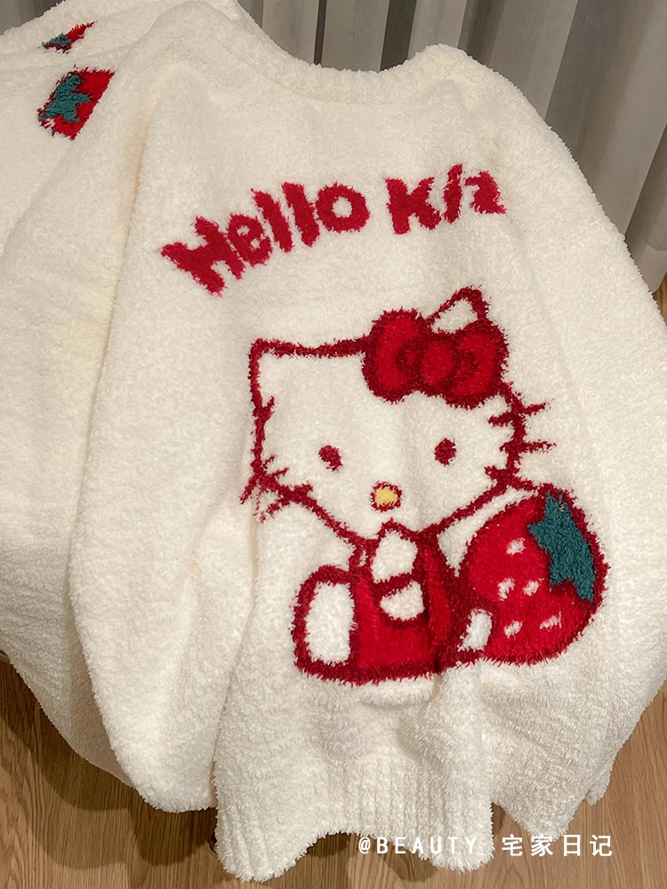 2024 New Hello Kitty Anime Cartoon Girl Pajamas Set  Women\'s  Winter Thickened Fleece Warm Clothes Pants Set For Women Girls