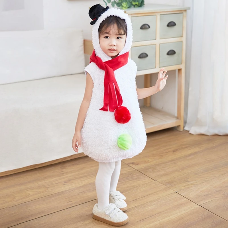 Christmas Snowman Costume for Kids Sleeveless Hooded Cosplay Costume with Scarf Xmas Outfit