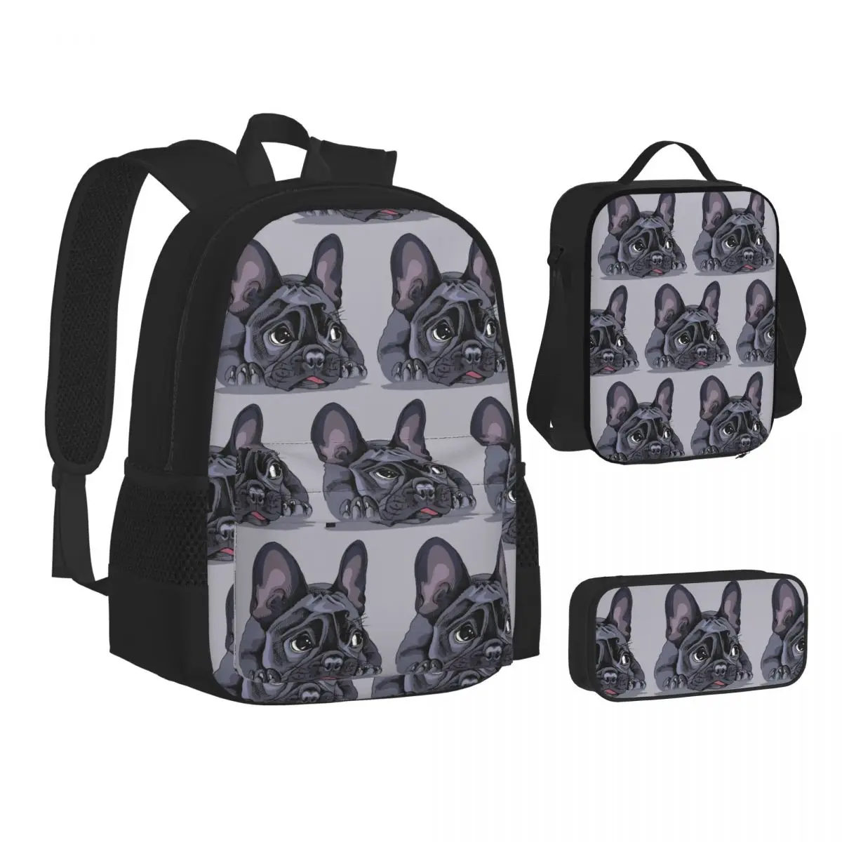 French Bulldog Art Print Backpacks Students Bookbag School Bags Children Rucksack Lunch Bag Pen Bag Three-Piece Set