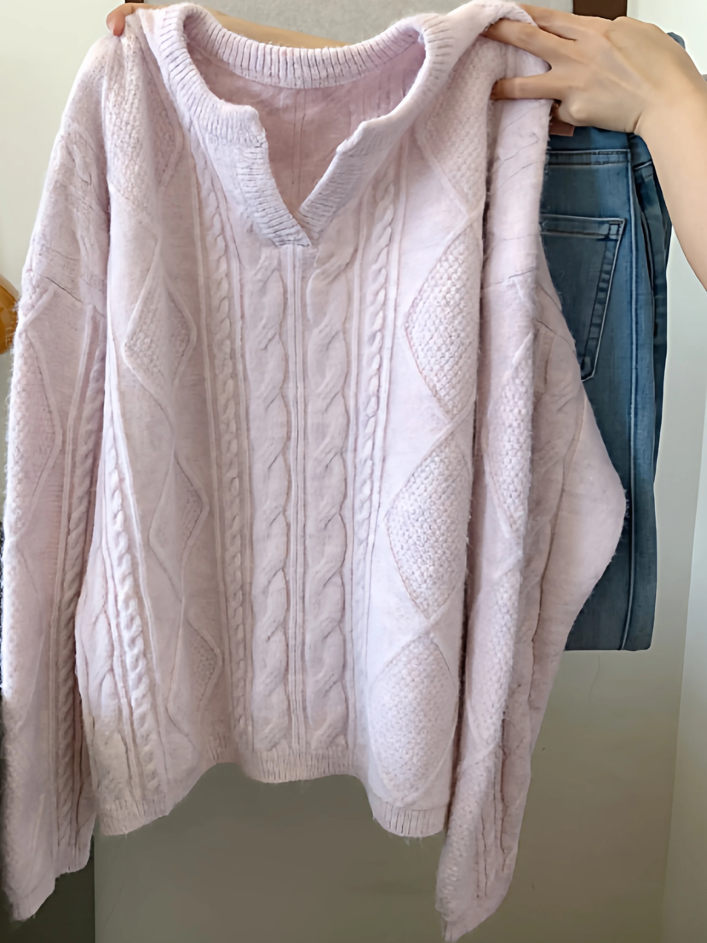 

Korean Sle Soft Pink Twisted Sweater Women's Autumn Winter Thiened Design Loose Knitted irt Warm Comfortable V-ne Lon...