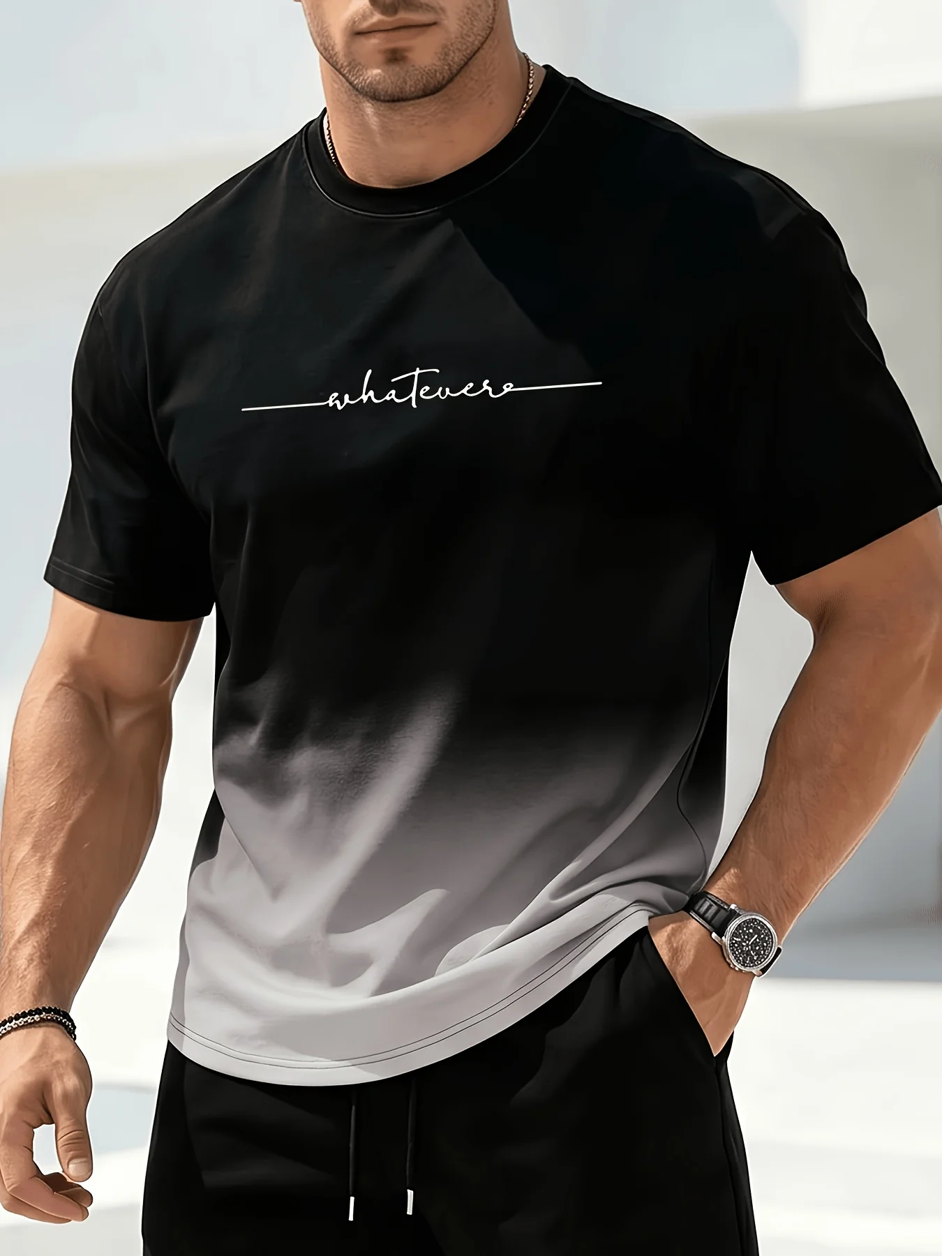 Men Black Gradient T‑Shirt Handwritten Letter Print Crew Neck Short Sleeve Tops 4 Colorways