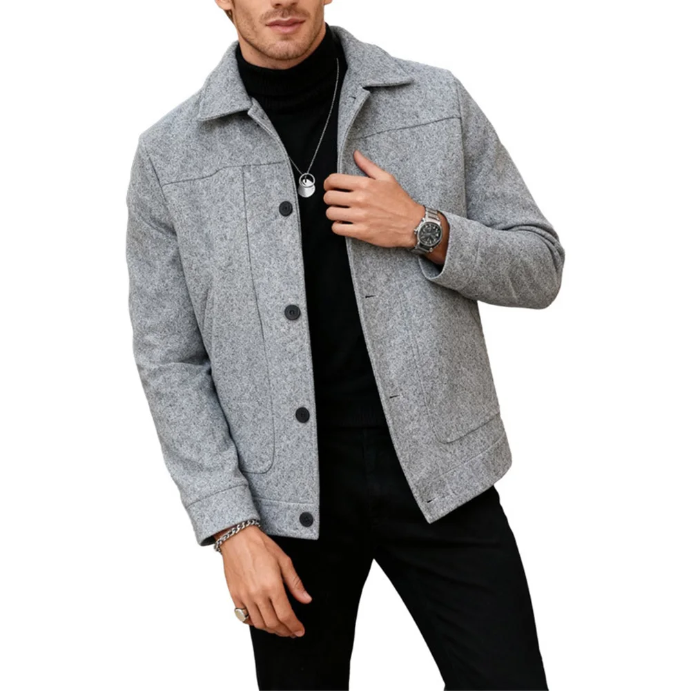 

Мужская деловая шерстяная куртка с лацканами и длинным рукавом, однобортная свободная верхняя одежда, пальто