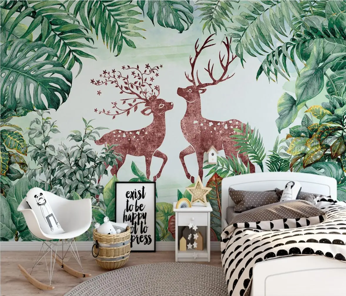 Custom wallpaper mural Nordic green plants couple fire elk children children's room bedroom background wall papel de parede