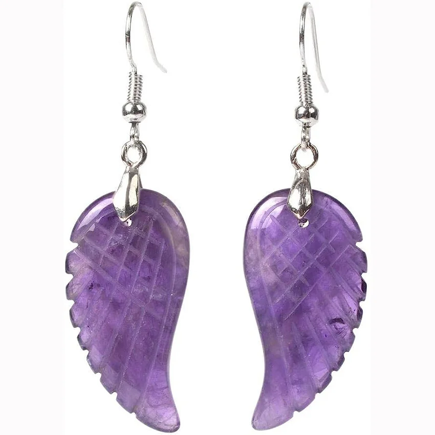 XSM Natural Amethyst Rose Quartz Gems Crystal Healing Reiki Chakra Handmade Angel Wing Dangle Earrings for Women Charm Jewelry