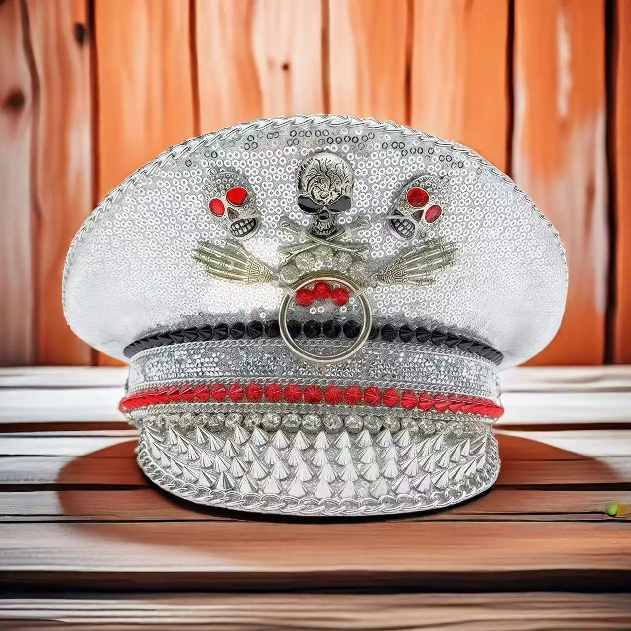قبعة كابتن Steampunk Day of the Dead من HongLuan حجر الراين للمرأة في الهالوين، وإكسسوارات عسكرية على شكل جمجمة فضية وقبعة عسكرية