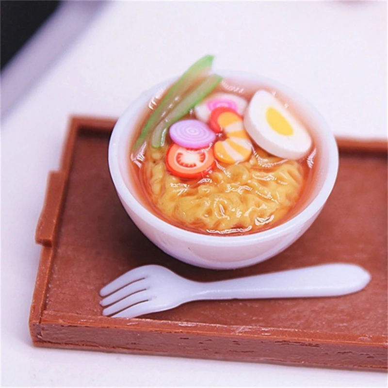 Cuenco de fideos instantáneos en miniatura para casa de muñecas, 1 Juego, 1:12, con bandeja, tenedor, modelo de cocina, juguete de decoración de escena viva