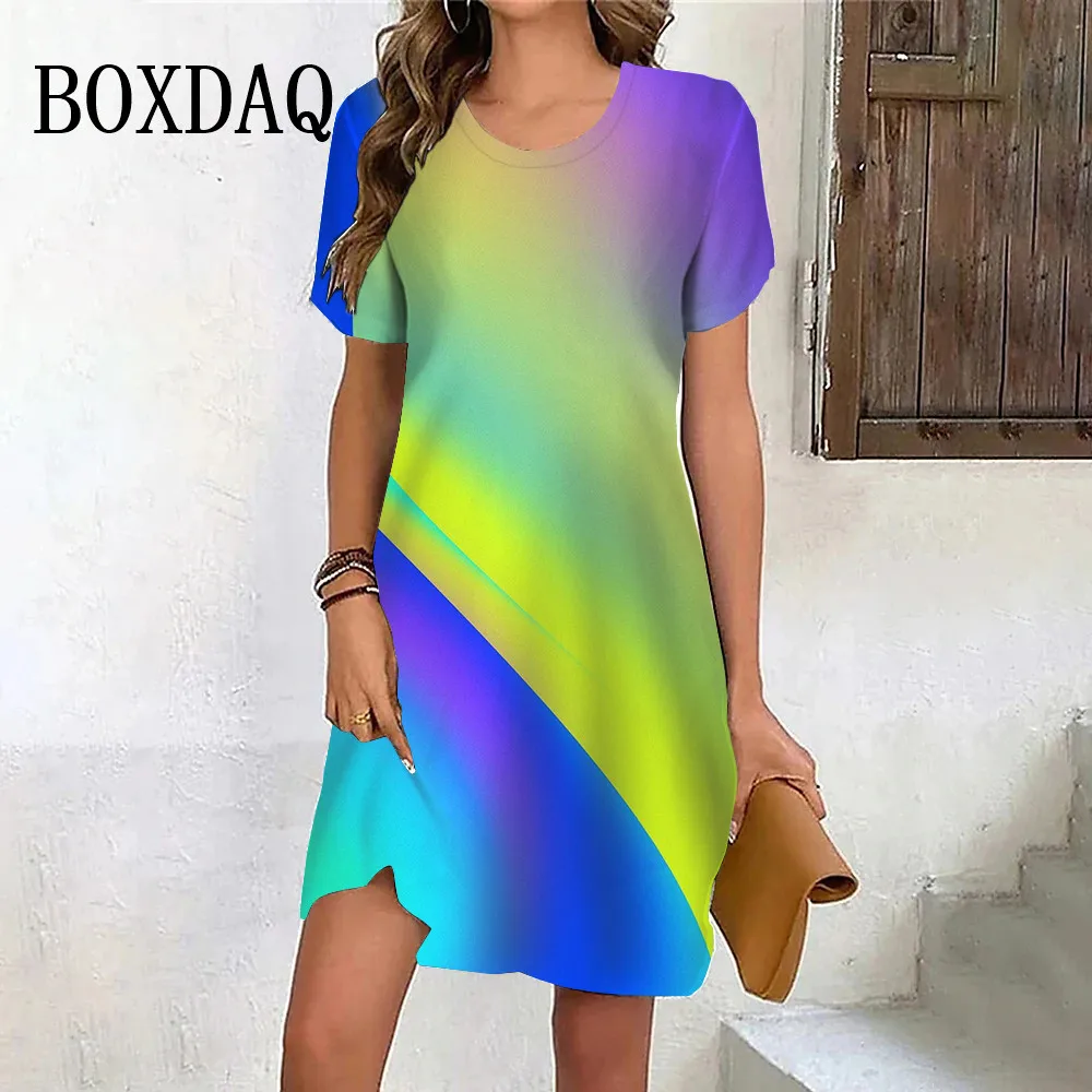 2024 New Women's Mini Dresses Gradient Rainbow Print Elegant Casual O Neck Short Sleeve Summer Dress Fashion Plus Size Clothing