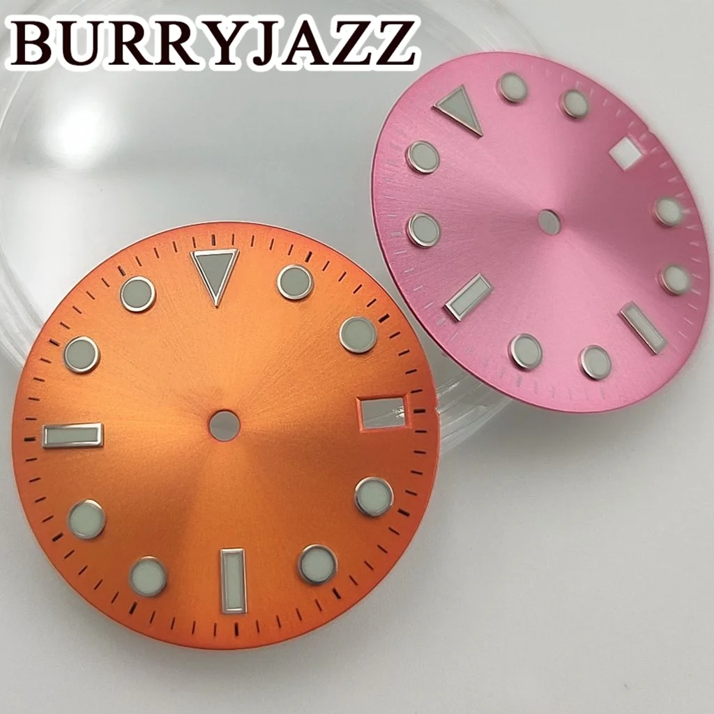 BURRYJAZZ 28.5mm No Logo NH35 Watch Dials Orange Pink Dial Green Luminous Fit 3 O'clock 3.8 O'clock Case Crown