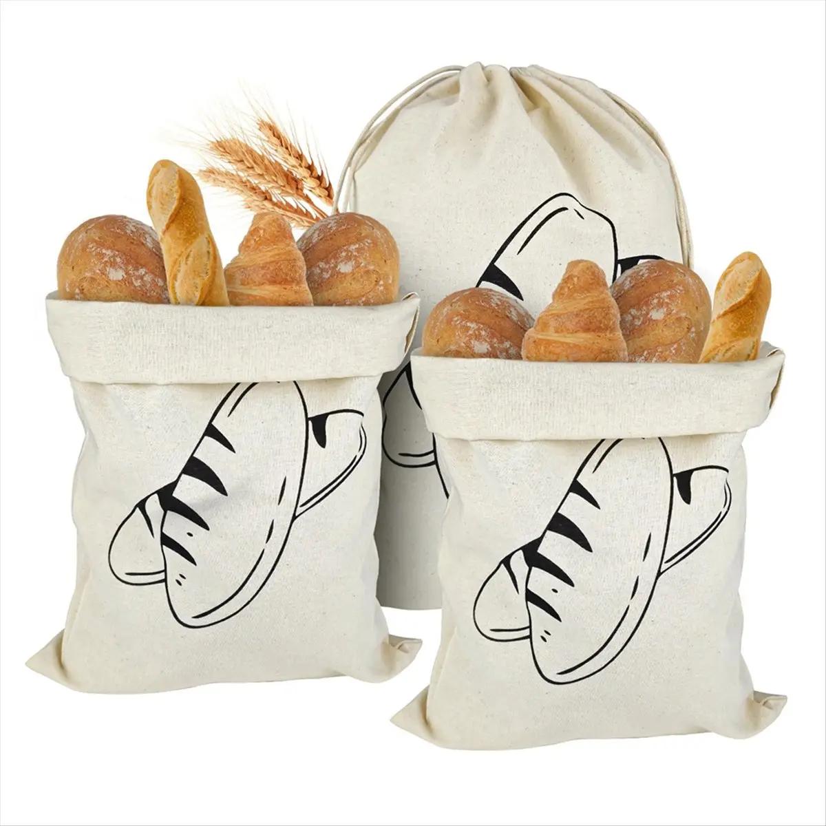 MALL 3 Pcs Unbleached Linen Bread Bags, 40 X 30 cm, Reusable Linen Bags with Drawstring, for Bread, Fruit and Vegetables