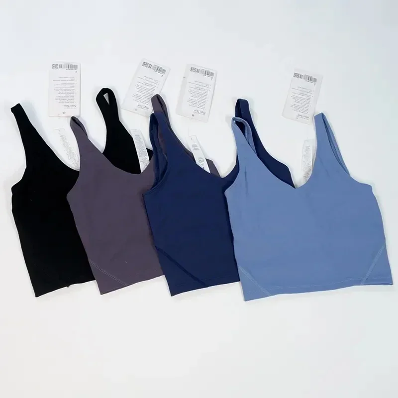 Traje de yoga en forma de U para mujer con parche en el pecho incorporado para una sensación desnuda y agradable para la piel, camiseta sin mangas y sujetador para ejercicio físico