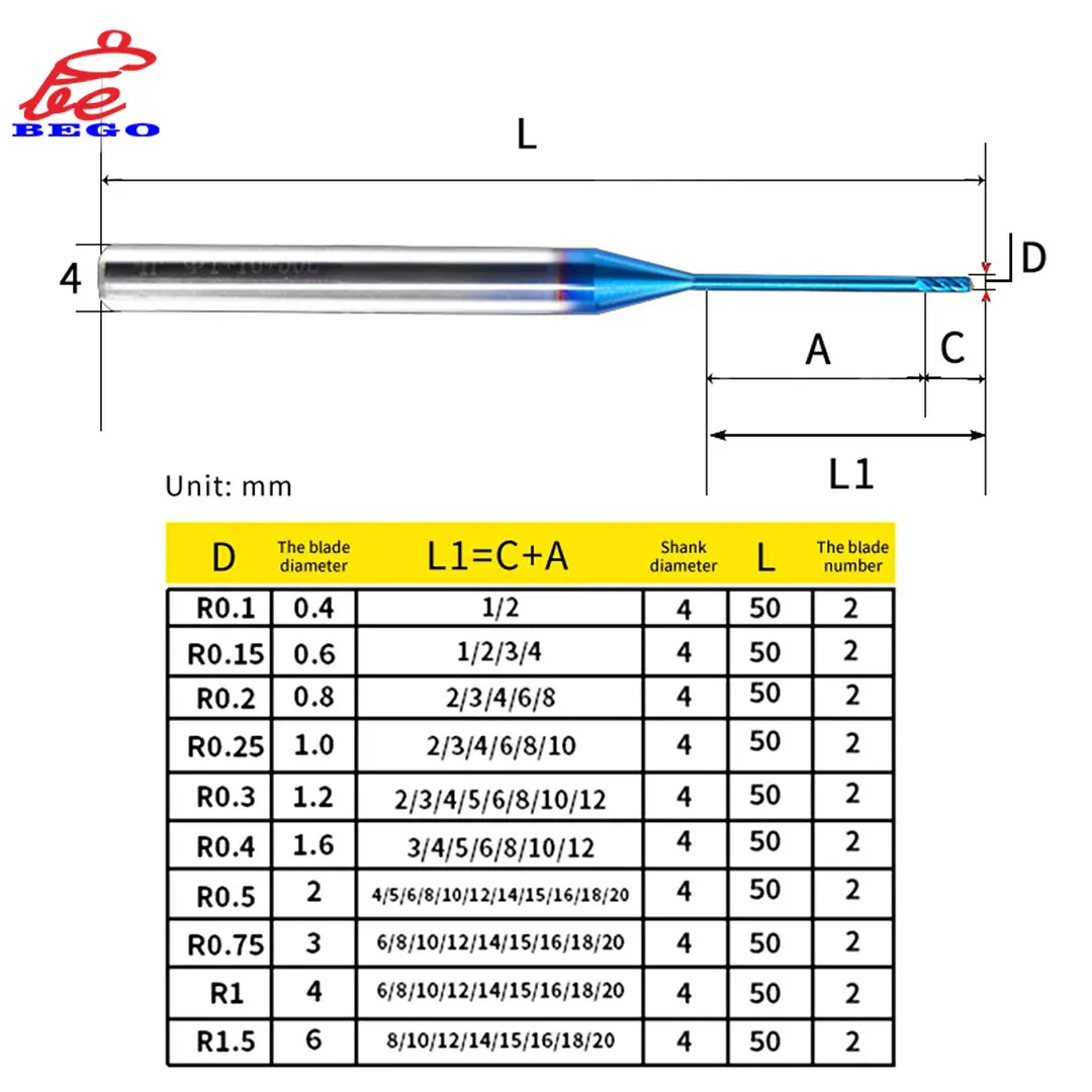 1Pcs Freesmachine HRC65 Extra Lange Radiusfrees 2 Fluiten Houtbewerking Gereedschap Cnc Afwerking Bewerking Endmill Cutter