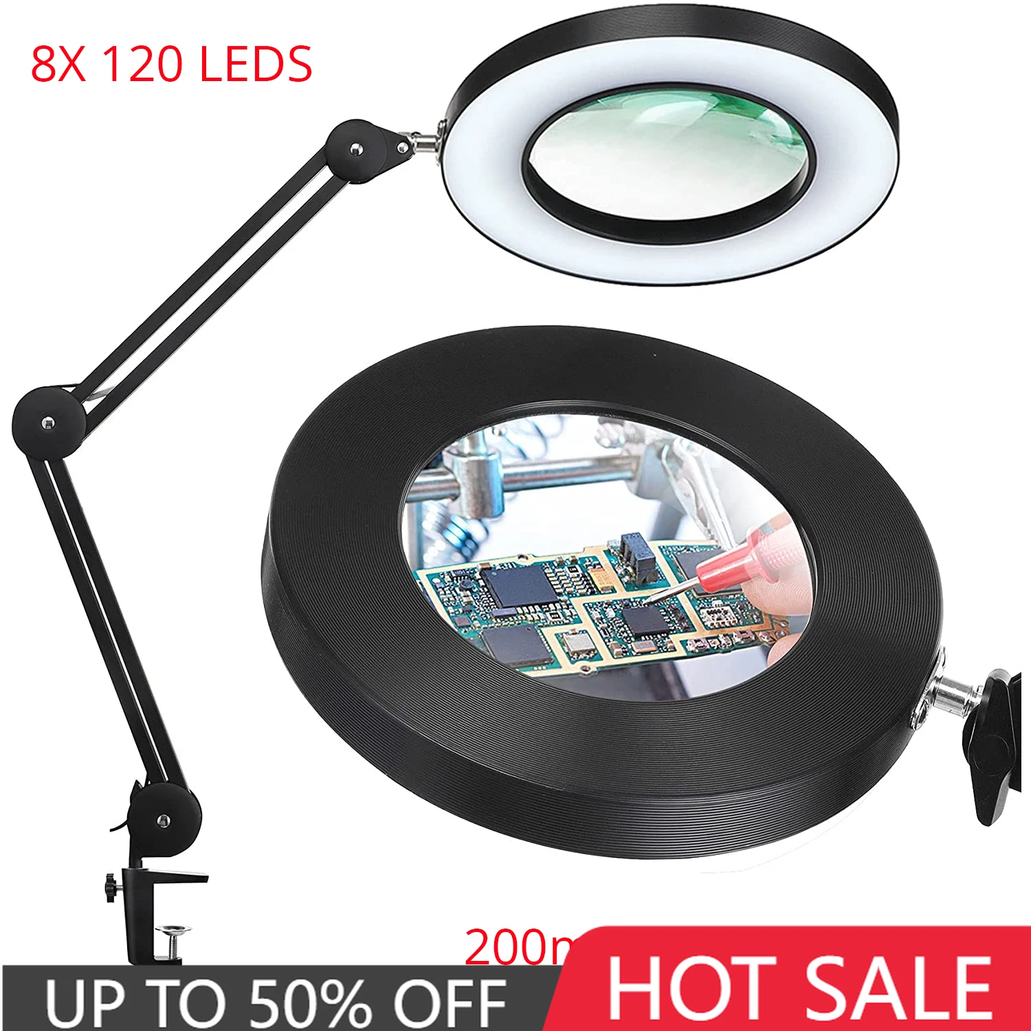 NEW 200MM Diam 120 LED 8X Magnifying Glass for Reading Soldering station phone with LED light stand Illuminated magnifier