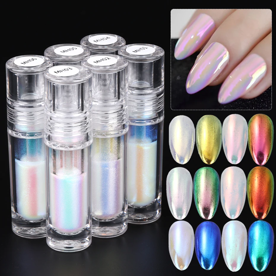 

6pcs Color Aurora Metallic Liquid Nail Glitter Set Small Tube Moonlight Glossy Chrome Pigment Powder Professional Manicure Salon