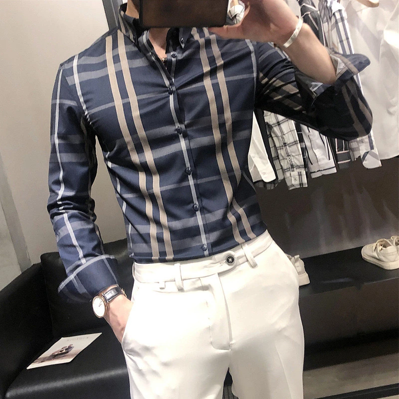 New men\'s printed long sleeved shirts with vertical stripes for spring and summer 2024, casual and loose fitting men\'s clothing