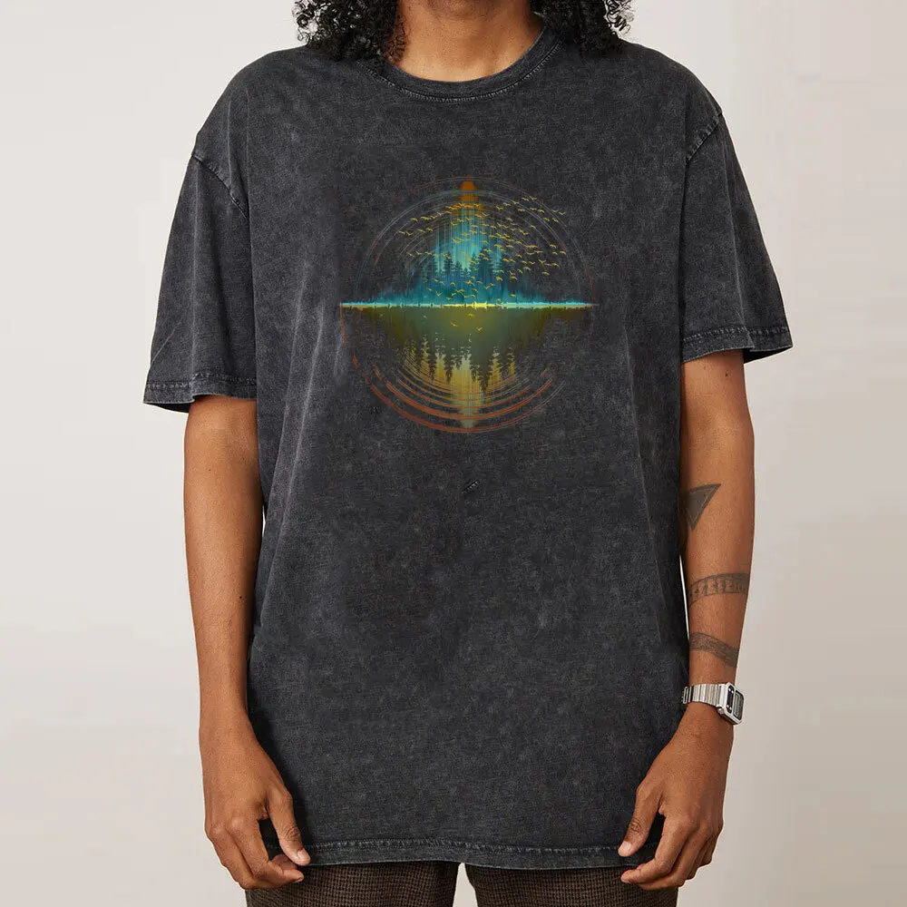 Geometric Sunset Forest Atmosphere O-Neck Washed T Shirt NEW YEAR DAY Summer Tees Cute 100% Cotton Fabric Washed Tee Shirts Mens