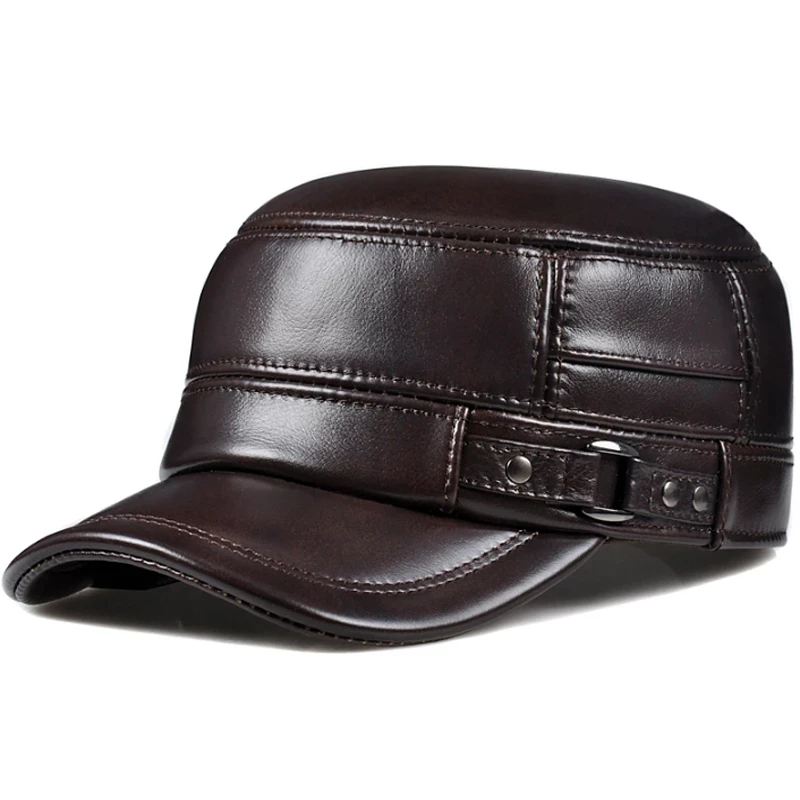 Men Accesorios Warm Hat Men's Genuine Leather Flat Caps Army Elegant Baseball Cap British Vintage Earflap Wine Red Gorra