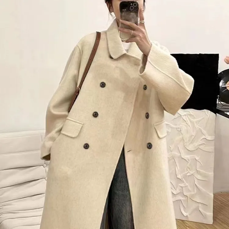 

Шерстяное двустороннее кашемировое пальто, женское зимнее новое тонкое темпераментное шерстяное пальто, однотонное повседневное женское длинное пальто