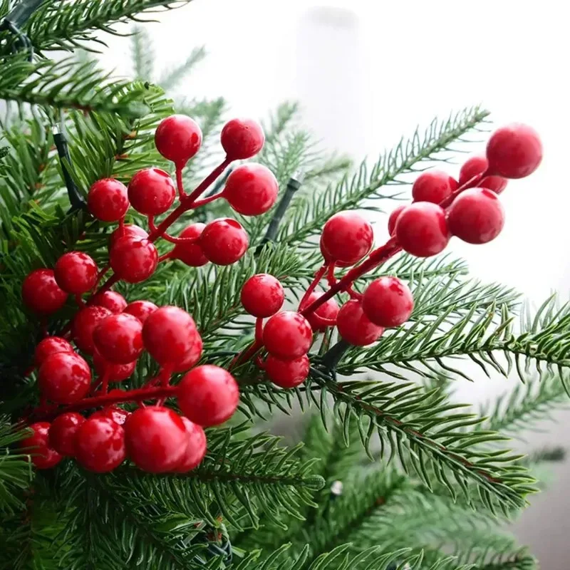 100/5pcs Christmas Artificial Red Berries Stem Ornament Red Holly Berry Stamen Fake Flowers Plants for New Year Party Home Decor