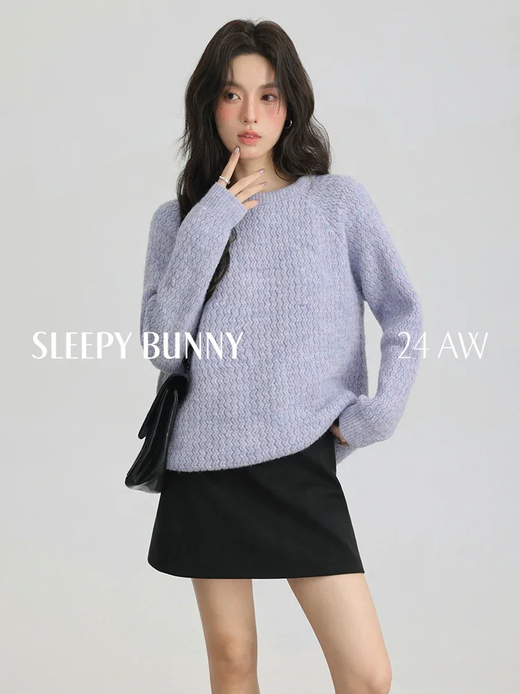 Loose Fit Round Neck Sweater Women Spring Casual Pullover Soft Knit Top with Ribbon Tie Elegant Oversized Lightweight Jumper