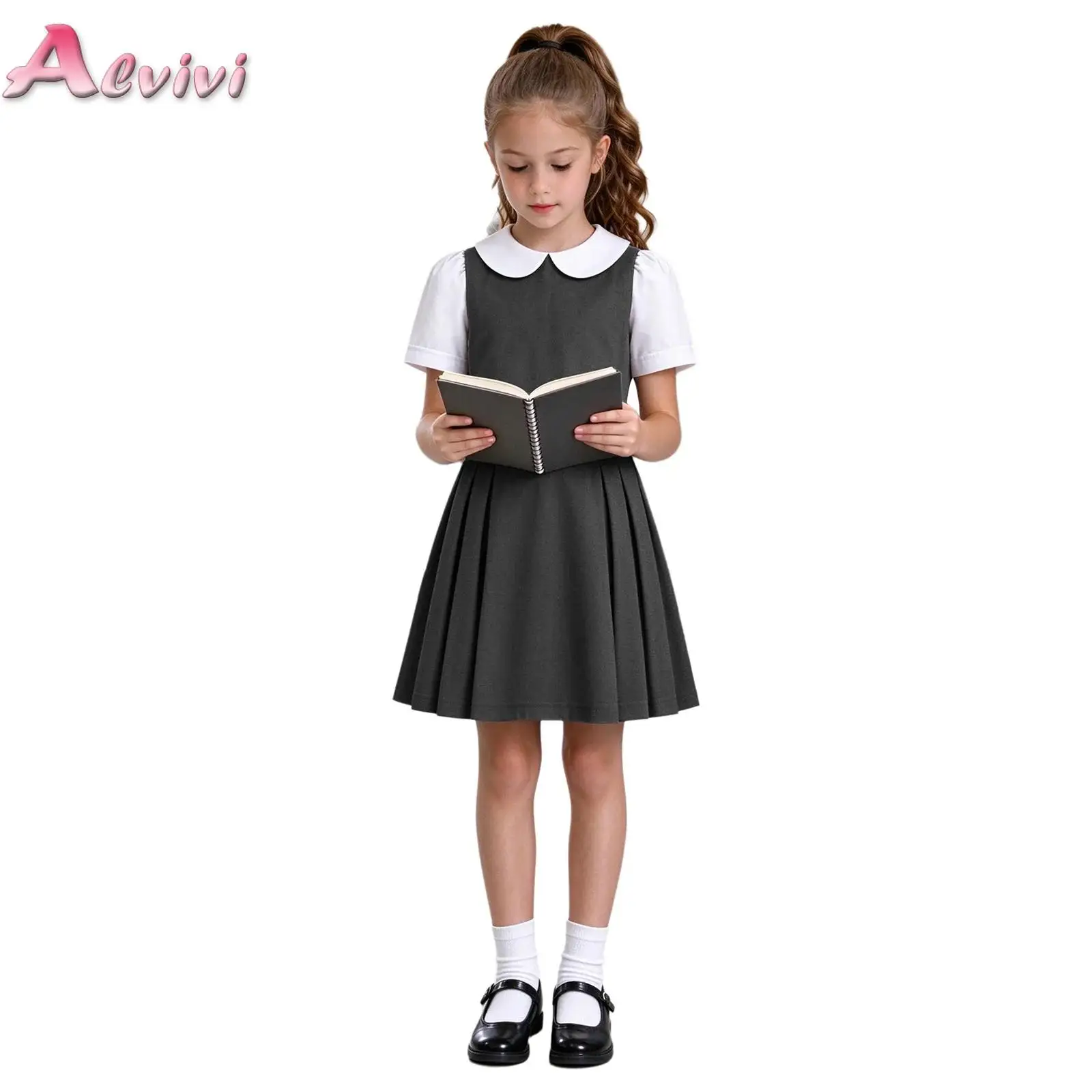 Kids Girls School Formal Uniform Color-blocked Doll Collar Short Sleeve Back Zipper Pleated Dress for Recitation Performance