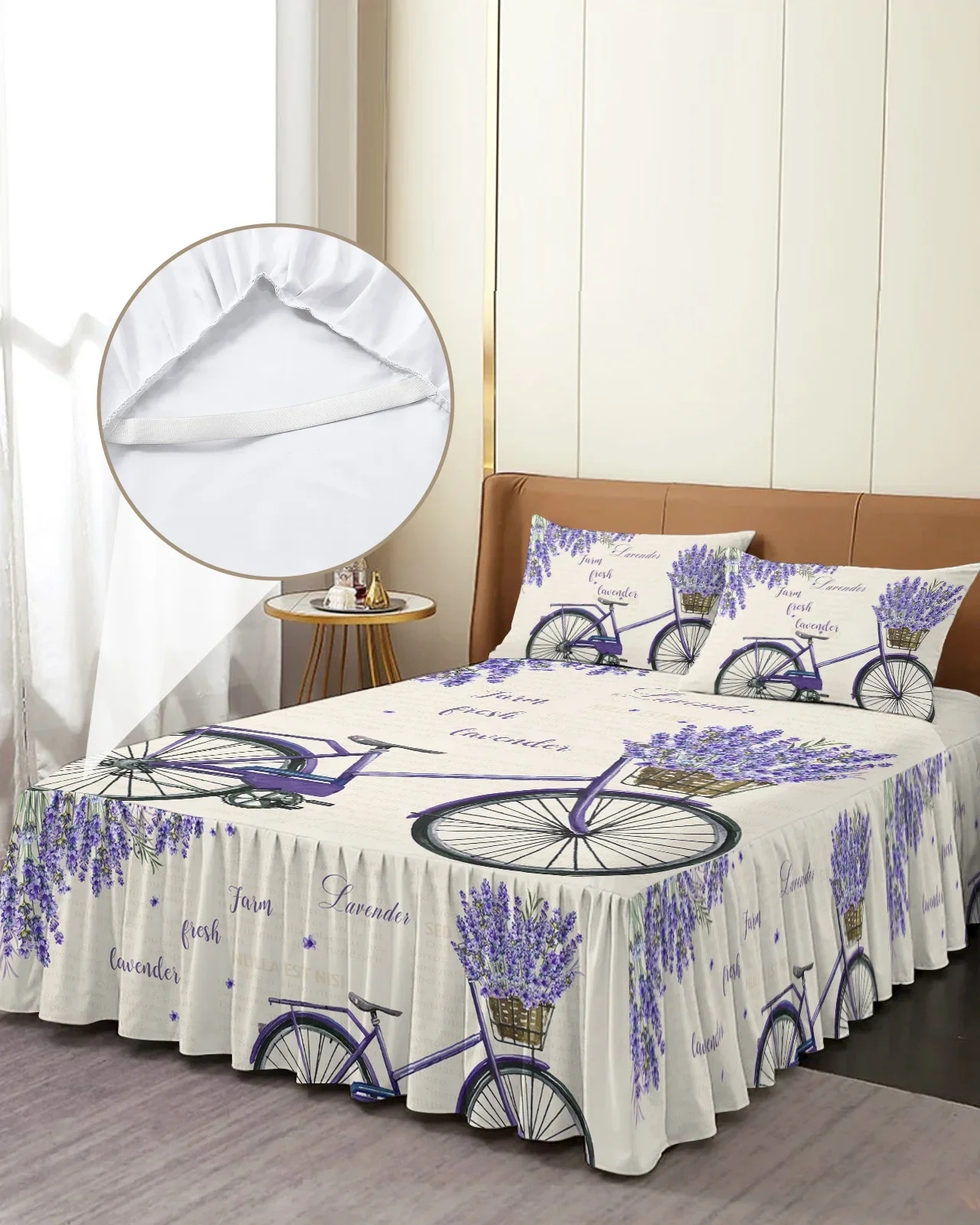 Farm Purple Fresh Flower Lavender Bicycle Bed Skirt Fitted Bedspread With Pillowcases Mattress Cover Bedding Set Bed Sheet