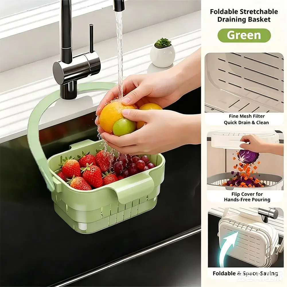 Hanging Sink Colander Foldable Expandable Strainer Basket Drain Shelf Fruit Food Residue Filter Kitchen Sponge Storage Rack