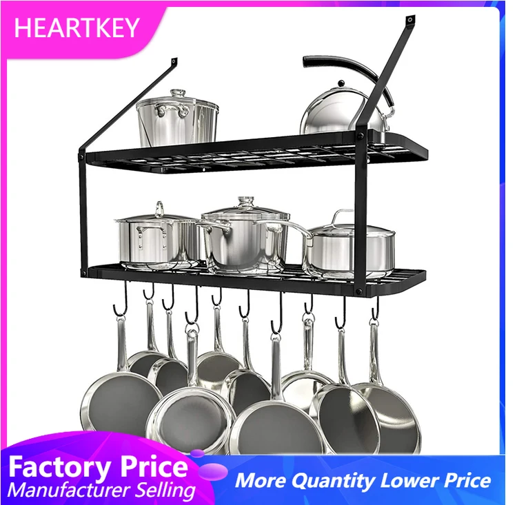 

Kitchen Hanging Rack 2-Tier Cookware Storage Wall Shelf Pot Pan Rack Holder Adjustable Kitchen Accessories Organizer with Hook