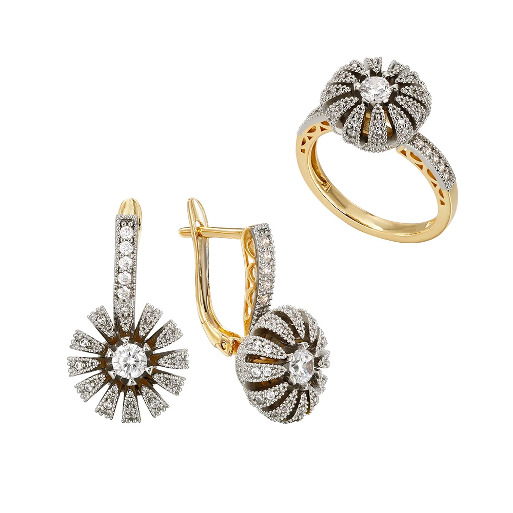 Petals Design Gold Plated Zircon Earring Ring Set, Elegant
