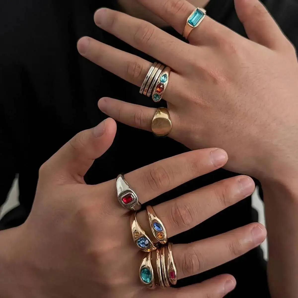 SHIXIN 13 Pcs/Set Vintage Geometry Gold Color Open Rings Men Punk Color Acrylic Rhinestone Finger Ring Stacktable Couple Jewelry