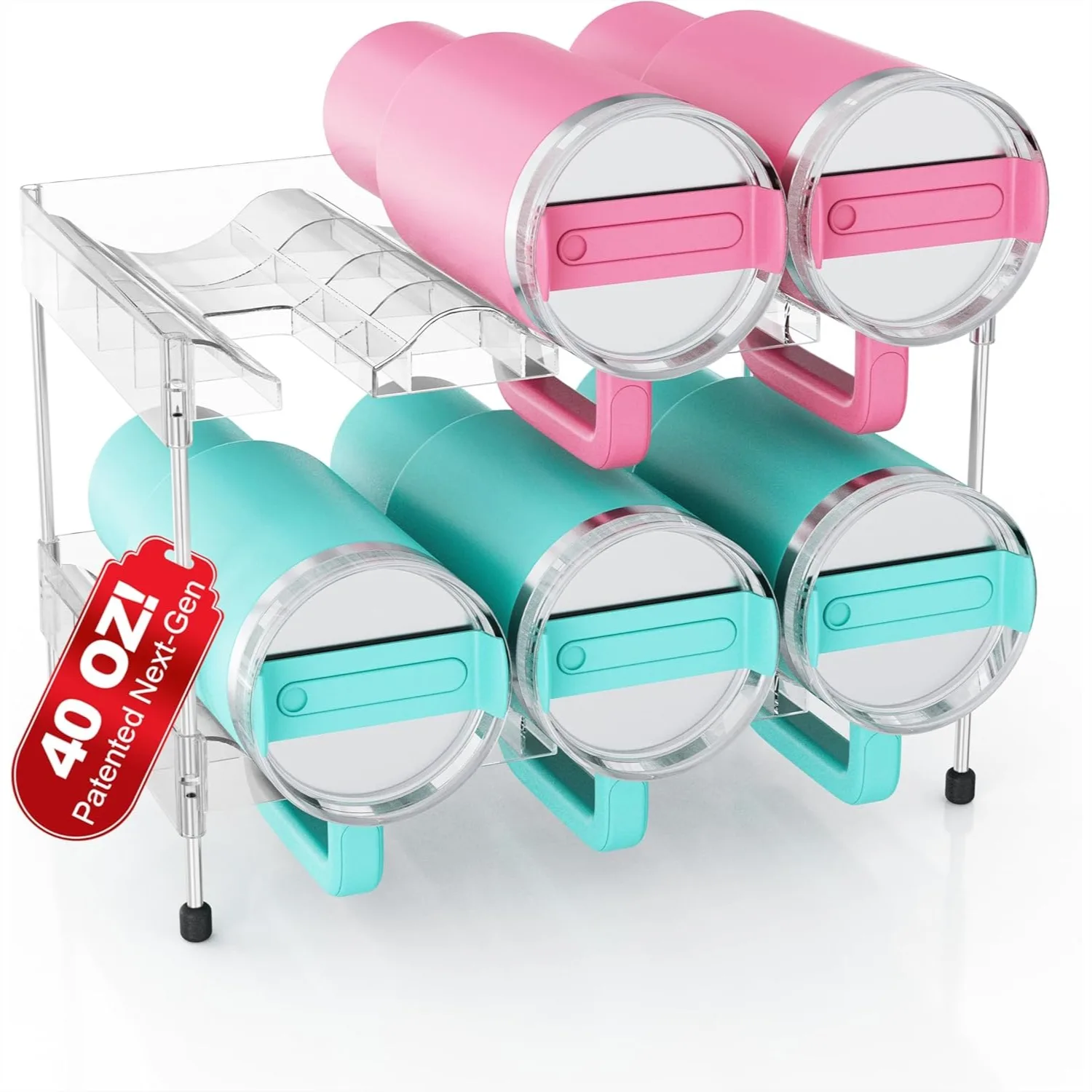 

2 Tier Stackable Water Bottle Organizer with Handle Compartment for Pantry Cabinet Kitchen Storage, Holds 6 Cups