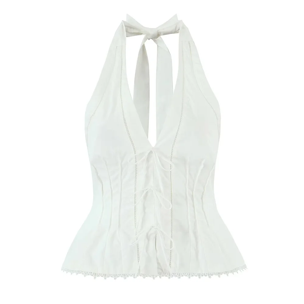

BMURHMZA Summer New Product Women's Fashion Versatile V-neck Sleeveless Bow Decoration Hanging Neck Small Strap