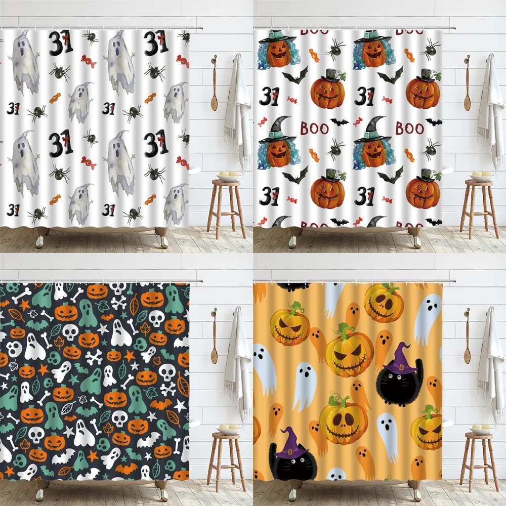 

Spooky Ghosts Pumpkin Bathroom Shower Curtain Bat Black Cat Spider Skull Halloween Candy Kids Home Cloth Bath Curtains With Hook