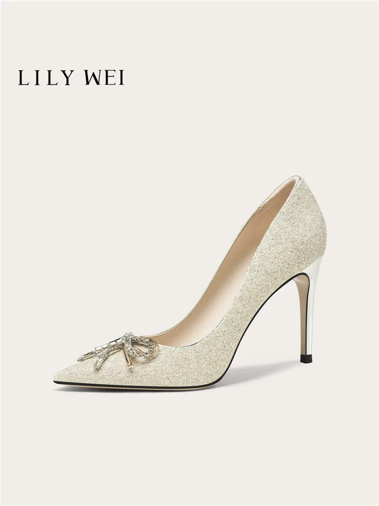 Spring new pointed glitter metal crystal bow thin heel wedding shoes banquet large size small size widened high heels women shoe