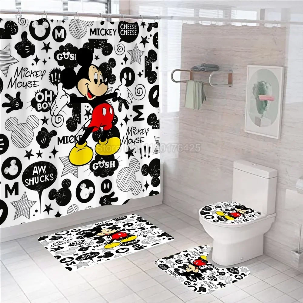 Mickey Mouse Bathroom Non-slip Mat Set Durable Waterproof Shower Curtain Set Pedestal Rug Lid Toilet Cover Bath Mat Rugs