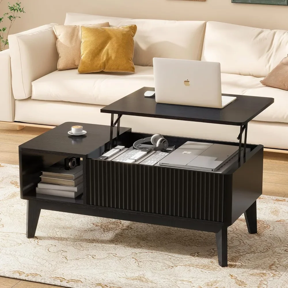 Fluted Coffee Table with Hidden Compartment, Wood Lift Top Coffee Tables, Modern Center Table for Living Room