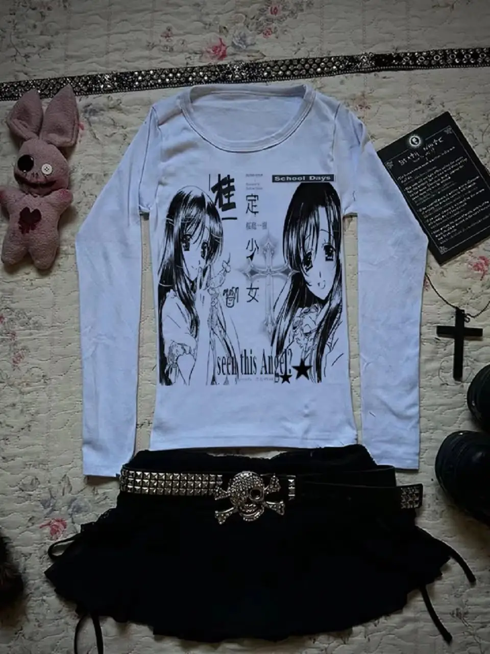 Grunge Alt Damen Weißes Figurbetontes Langarm-Oberteil Vintage Schultage Anime Grafik Y2K Emo Harajuku Slim Casual T-Shirt – Detail 7
