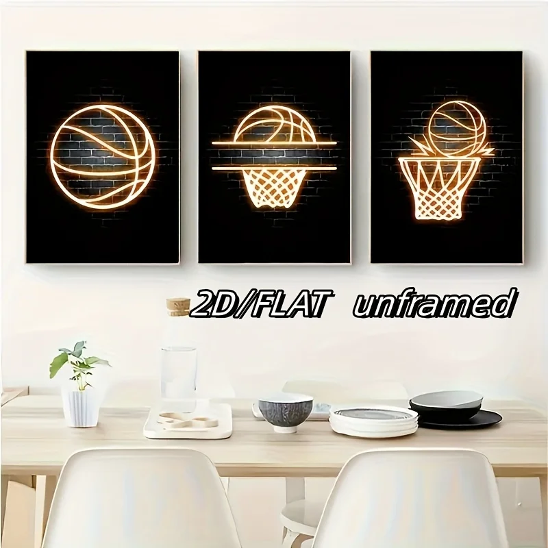 2D Flat, 3pcs Basketball Posters And Prints Wall Art, Neon Painting On Canvas, Modern Murals, Teenage Boys Room Decoration Pi