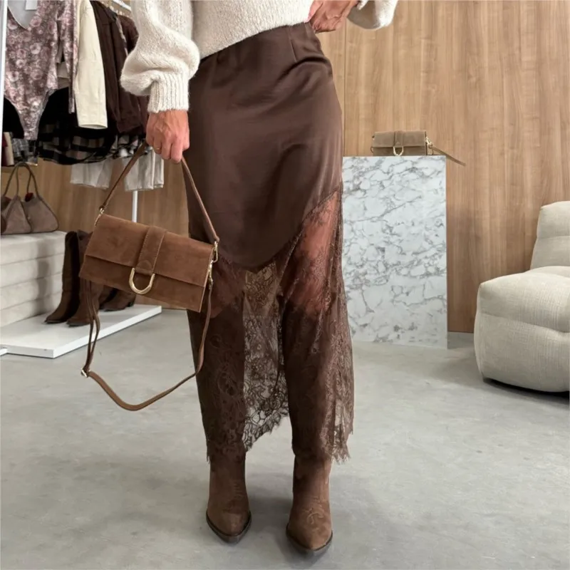 New Women's Long Skirt Sexy Lace Elegant Loose Spliced ​​mid-length Half-length Hip Skirt Fashion Summer Female Vintage Vestidos