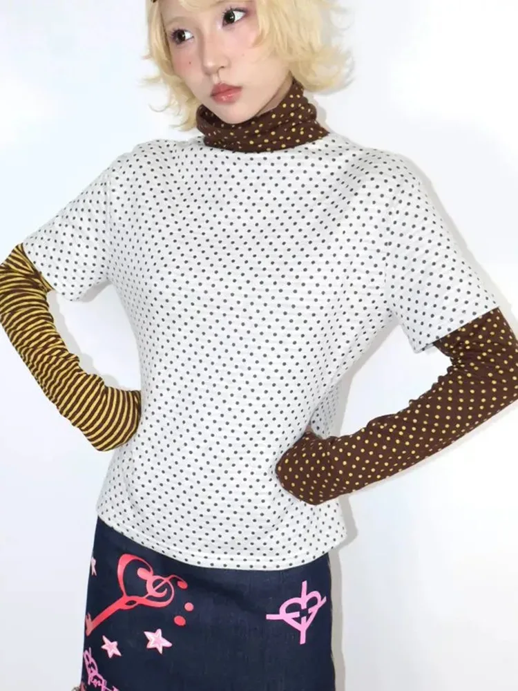 

Vintage Patchwork Dot Y2K Tees Women Slim Long Sleeve American Streetwear T Shirt Retro Fake Two Turtleneck Harajuku Spring Tops