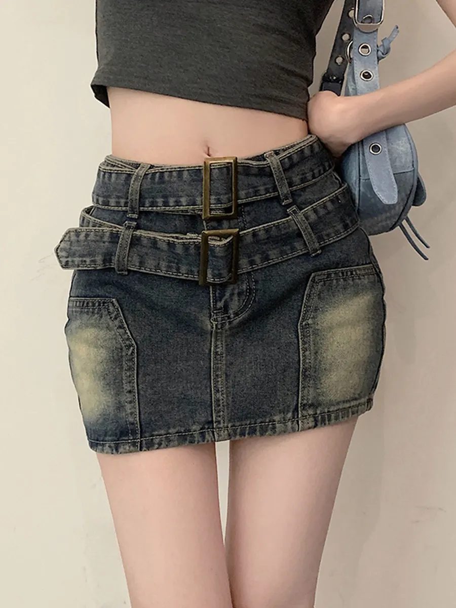 Women Blue Mini Denim Skirt Vintage Low Waist Wrap Cowboy Skirt Harajuku Korean Style Y2k A-line Jean Skirt 2000s Summer Clothes
