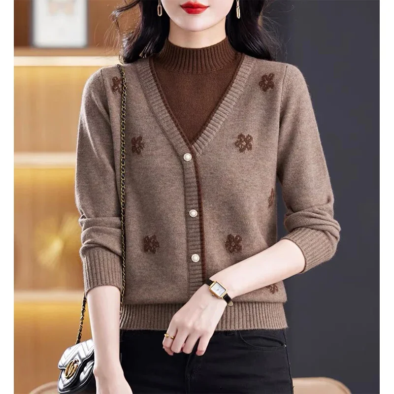 Pullover rajut wanita, Sweater wol rajutan setengah kerah tinggi tebal musim gugur musim dingin, Busana longgar Jacquard, pakaian rajut lembut elegan