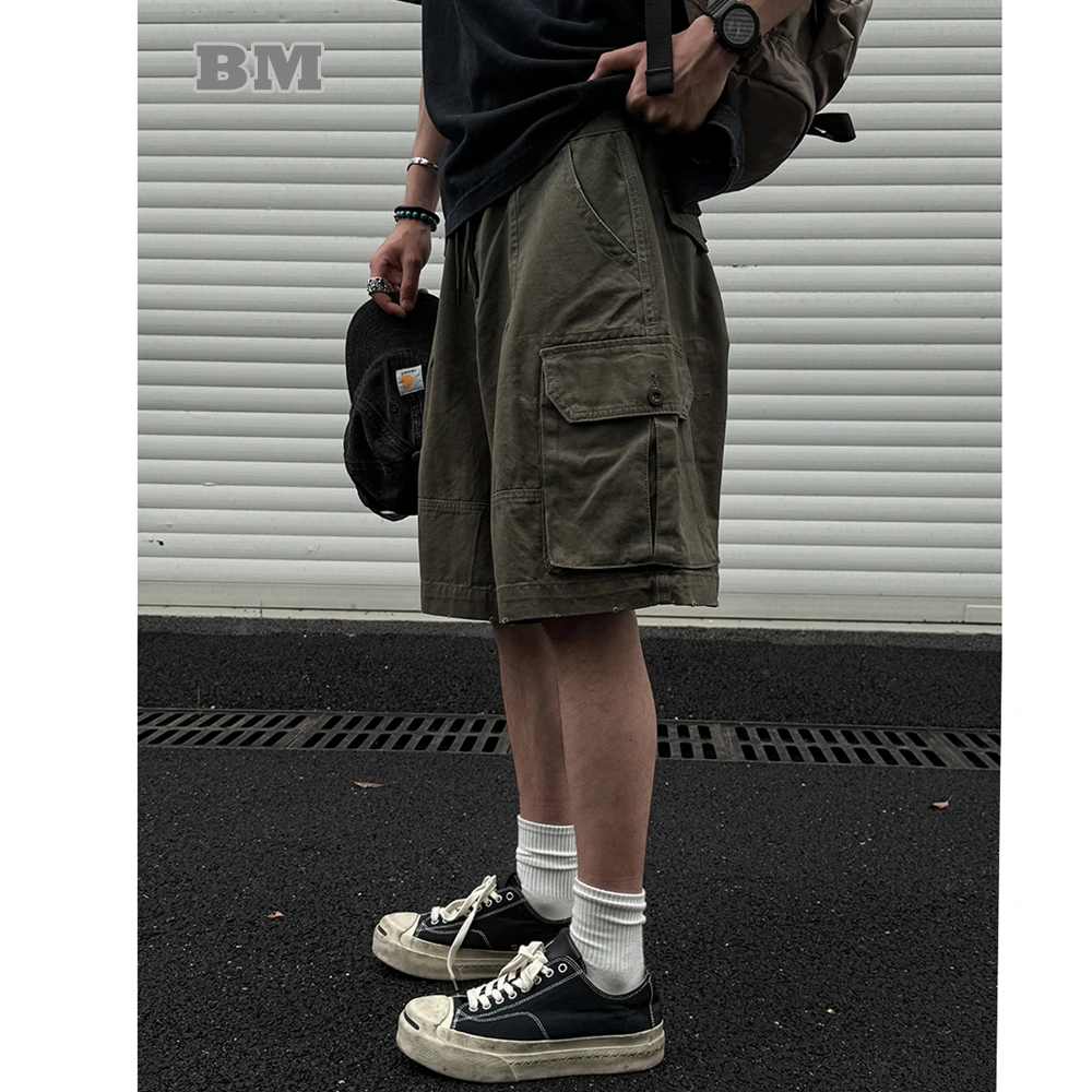 

Корейские уличные шорты-карго для мужчин, винтажные потертые шорты с несколькими карманами средней длины, повседневные модные полубрюки премиум-качества, мужские
