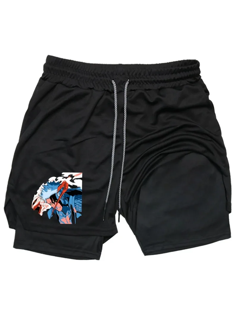 

Bleach Print 2in1 Running Workout Shorts Men Gym Performance Compression Shorts with Phone Pocket Towel Loop Athletic Activewear