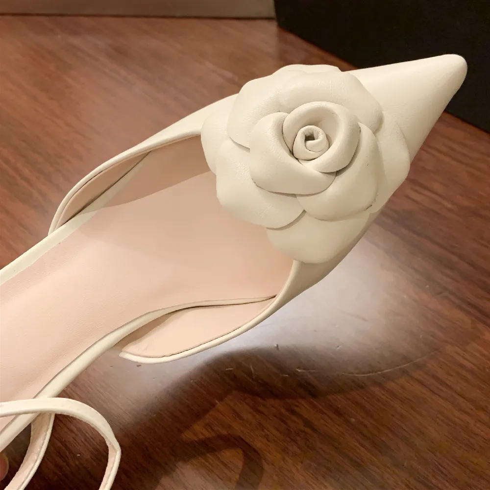 Danxuefei-sapatos de couro genuíno para mulheres, 6cm cinta no tornozelo, salto alto fino, sandálias dedo apontado, flor, elegante, verão