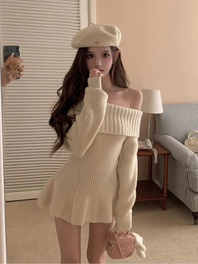 

Spicy Girl One Neck Off Shoulder Knitted Dress Women's Autumn Apricot High Waist Slimming A-line Dresses Female Clothing