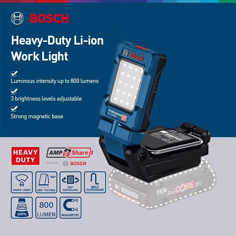 

Bosch Gli 18V-800 Led Work Light 800 Lumen Tool Only 3 Brightness Levels Magnetic Base and Hook