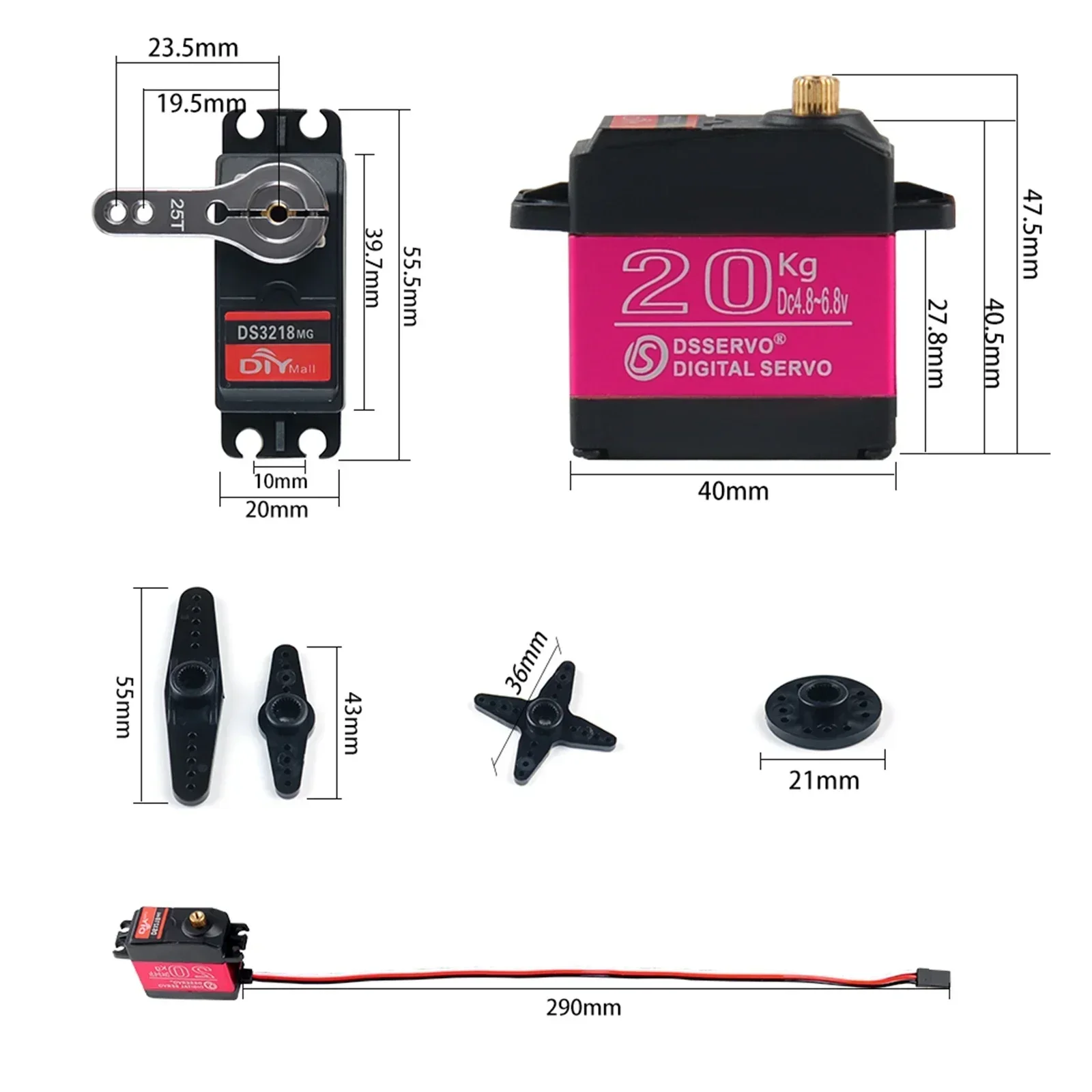 Servomotor Digital DS3218, engranaje de Metal de 20KG, resistente al agua IP66, alta velocidad de 270 grados con brazo 25T para coche RC Baja a escala 1/8 1/10