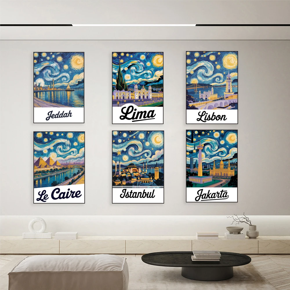 Van Gogh-style stargazing posters in London, Kyoto, Lisbon, Cairo, Florence, Helsinki, Lima, Honolulu, Kuala Lumpur, and Krakow