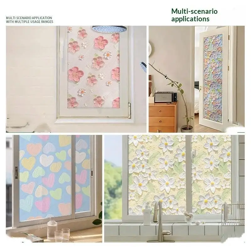 1Roll 60*100cm 3D Embossed Floral Window Privacy Film Static Cling UV Blocking For Bathroom Bedroom Glass Decoration