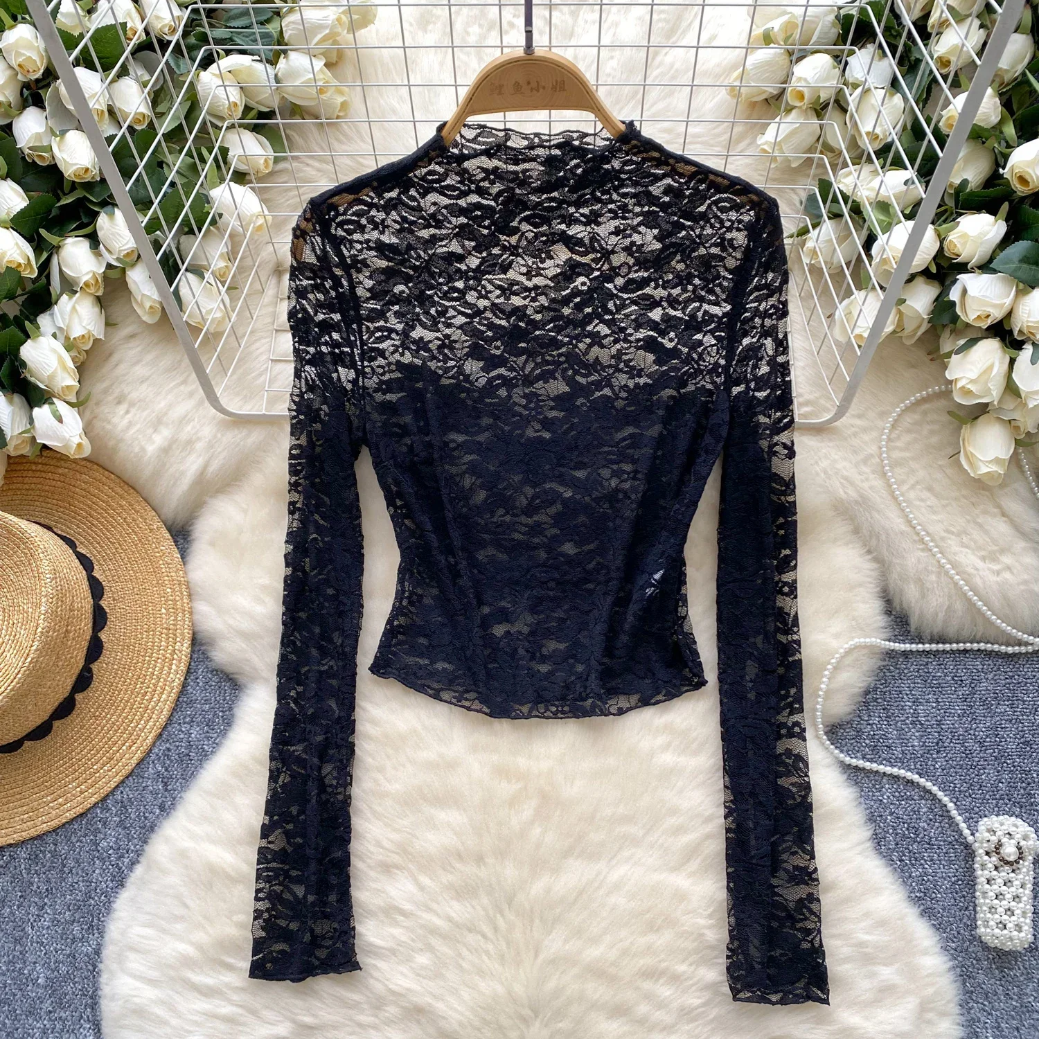 Chic O-neck Long Sleeve Sexy Hollow Out Women Vintage Lace Spliced Mesh Slim Top Korean Streetwear High Street Autumn Clothing